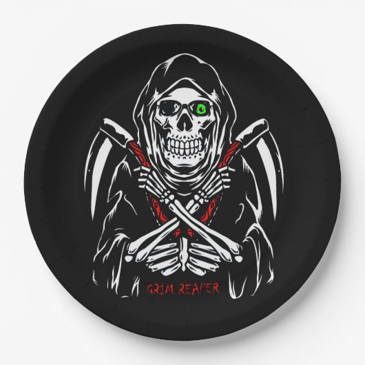 Grim Reaper Scythe Death Skeleton Botten Halloween Papieren Bordje (Voorkant)