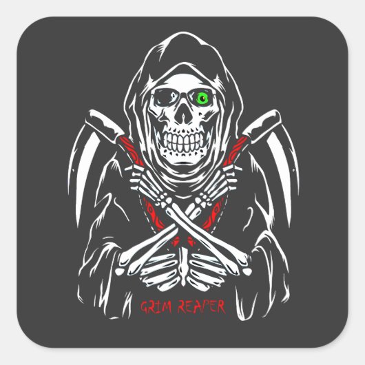 Grim Reaper Scythe Death Skeleton Botten Halloween Vierkante Sticker (Voorkant)
