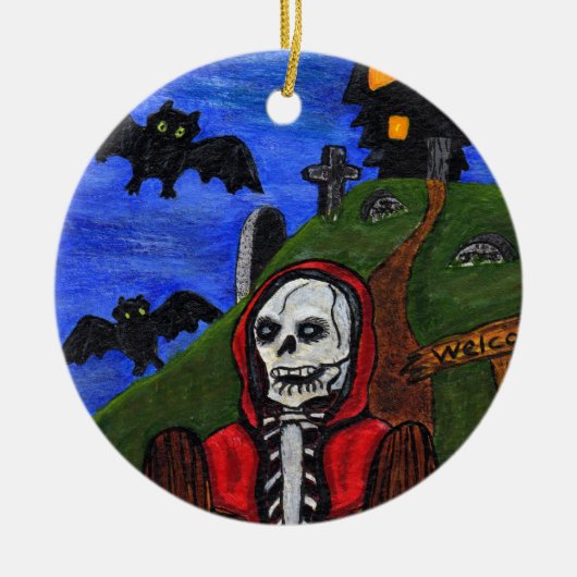 Grim Reaper Skeleton Bats Tombstones Black House Keramisch Ornament (Voorkant)