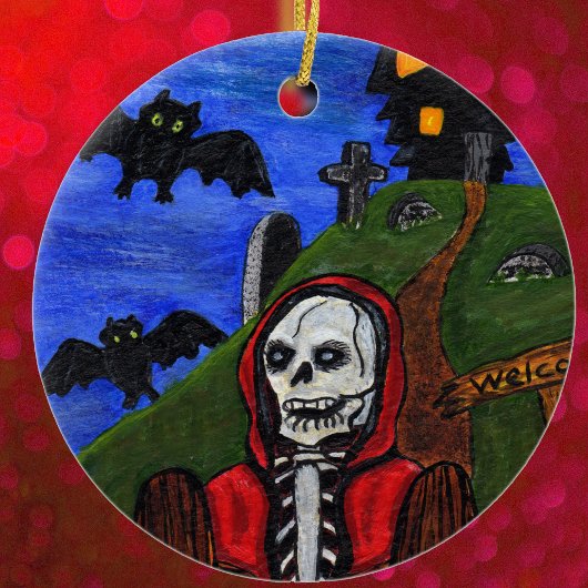 Grim Reaper Skeleton Bats Tombstones Black House Keramisch Ornament