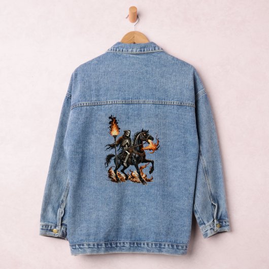 Grim Reaper Skeleton Rijdende Paard Vlammen Denim Jacket (Hangar)