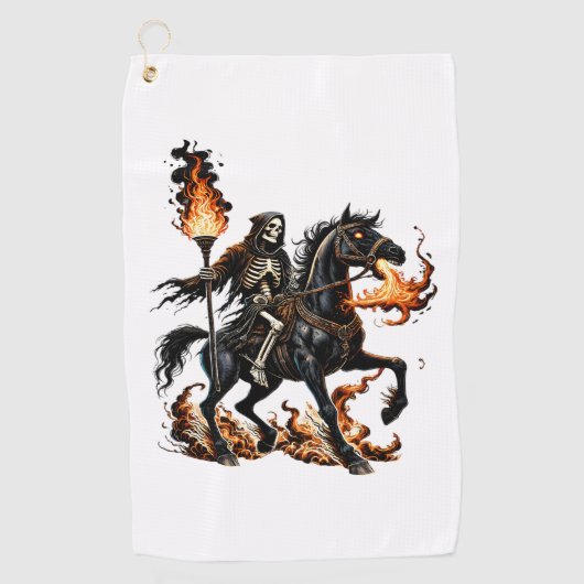 Grim Reaper Skeleton Rijdende Paard Vlammen Golfhanddoek (Voorkant)