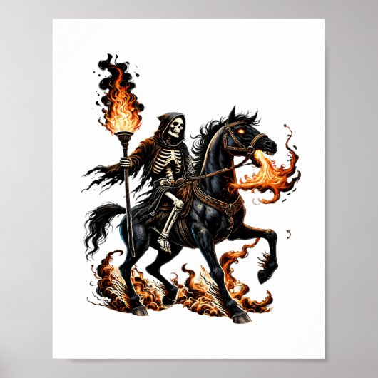 Grim Reaper Skeleton Rijdende Paard Vlammen Poster (Voorkant)