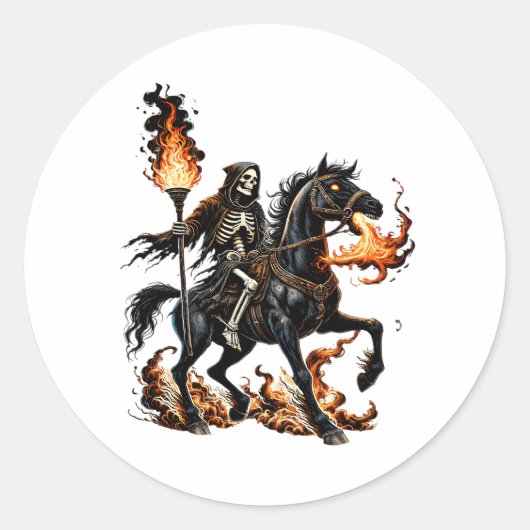 Grim Reaper Skeleton Rijdende Paard Vlammen Ronde Sticker (Voorkant)