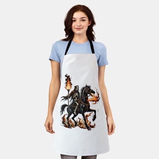Grim Reaper Skeleton Rijdende Paard Vlammen Schort (Gedragen)