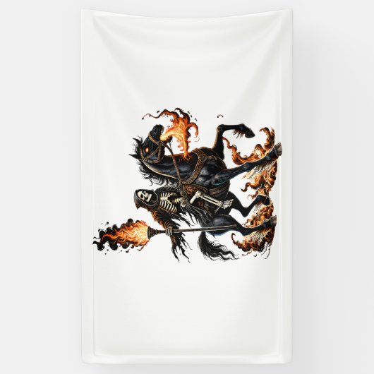 Grim Reaper Skeleton Rijdende Paard Vlammen Spandoek (Verticaal)