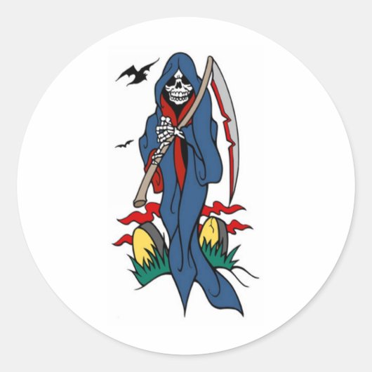 GRIM REAPER TATTOO PRINT RONDE STICKER (Voorkant)
