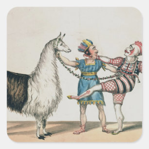 Grimaldi en de Alpaca in het Populaire Pantomime Vierkante Sticker