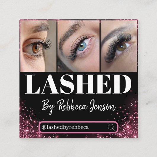 Grimmer Eyelashes Wimpers Roze Glitters script  Vierkante Visitekaartje (Voorkant)