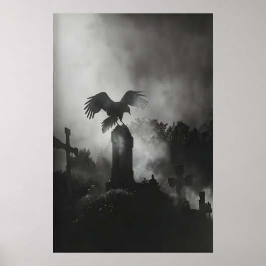 Grimmige begraafplaats grafsteen raaf schilderij, poster (Voorkant)