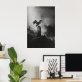 Grimmige begraafplaats grafsteen raaf schilderij, poster (Thuiskantoor)