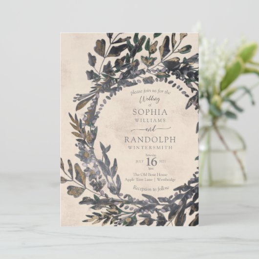 Grimmige gotische bloemenkrans staalgrijs goud kaart (Staand voorkant)