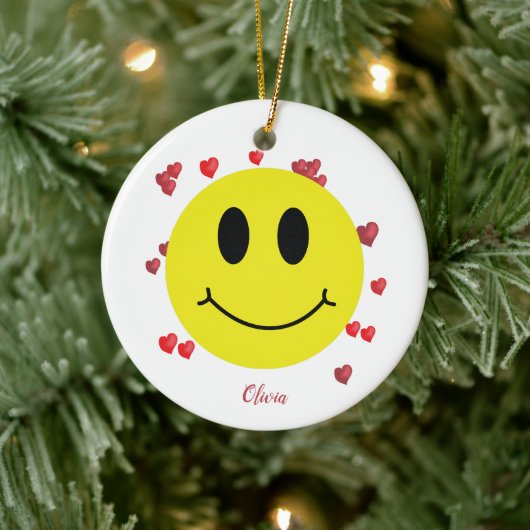 Grin Face met Red Hearts gepersonaliseerd Keramisch Ornament (Boom)