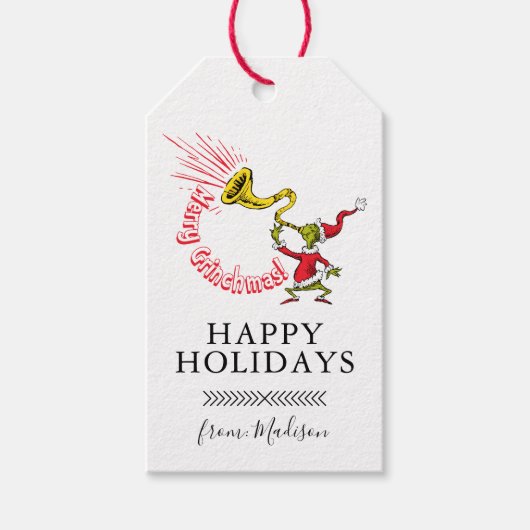 Grinch Blowing the Merry Grinchmas Horn Cadeaulabel (Voorkant)