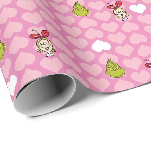 Grinch & Cindy-Lou Pink Heart Pattern Cadeaupapier (Rol Hoek)