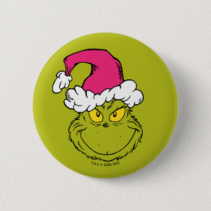 Grinch in roze kerstmanhoed ronde button 5,7 cm