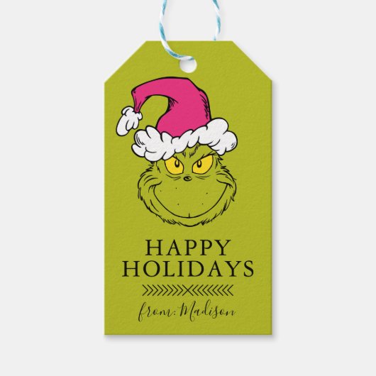 Grinch in roze kerstmuts cadeaulabel (Voorkant)