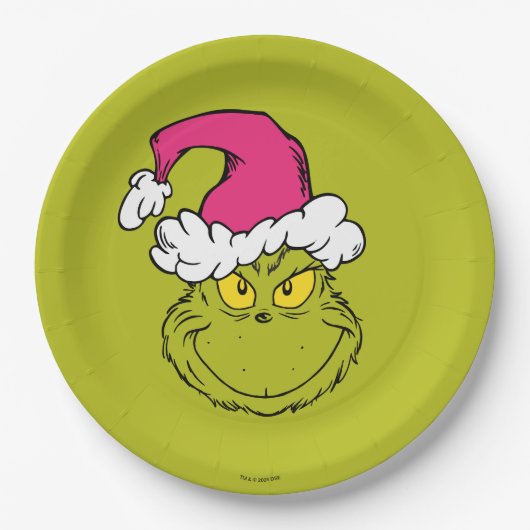 Grinch in roze kerstmuts papieren bordje (Voorkant)
