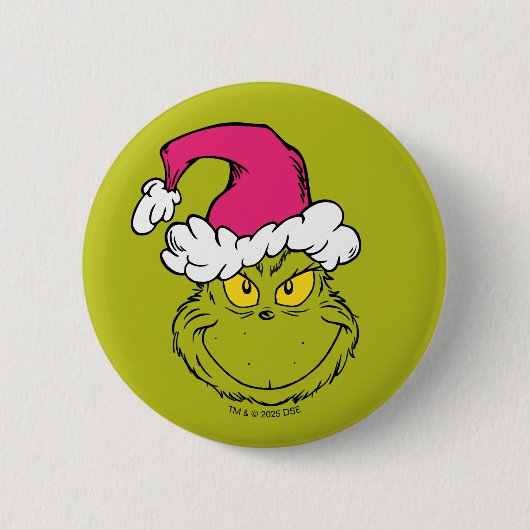 Grinch in roze kerstmuts ronde button 5,7 cm (Voorkant)