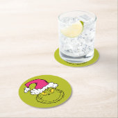 Grinch in roze kerstmuts ronde kartonnen onderzetter (Insitu)