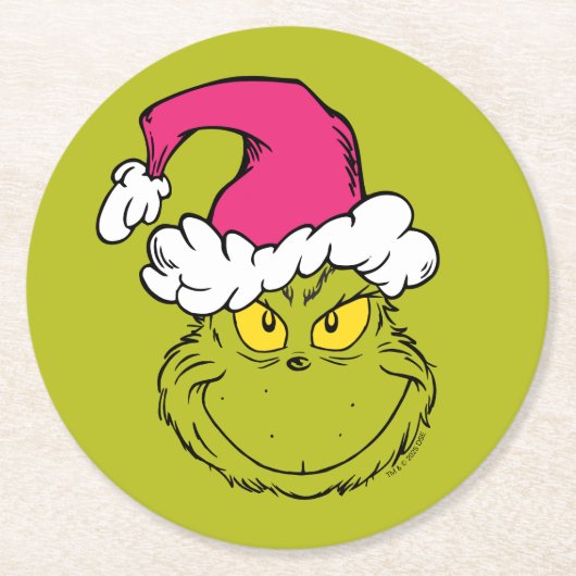 Grinch in roze kerstmuts ronde kartonnen onderzetter (Voorkant)