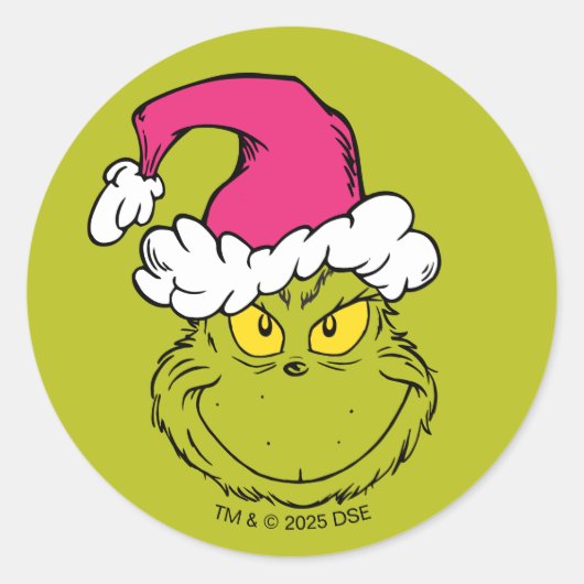Grinch in roze kerstmuts ronde sticker (Voorkant)