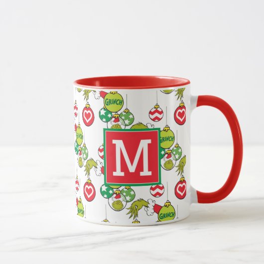 Grinch Ornament Patroon | Voeg uw Monogram toe Mok (Rechts)