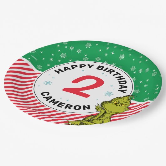 Grinch Rood en Groen Sneeuwvlok Verjaardag Papieren Bordje (Gekanteld)