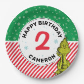 Grinch Rood en Groen Sneeuwvlok Verjaardag Papieren Bordje (Voorkant)