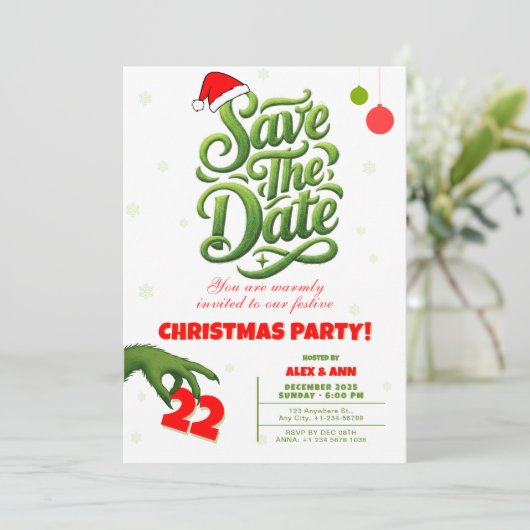 Grinch Style Christmas Party Save the Date (Staand voorkant)