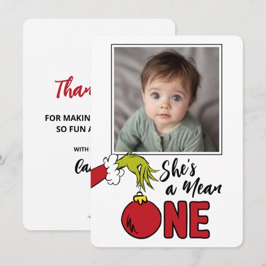 Grinch Ze is een Mean One 1e Verjaardag Bedankkaart (Voorkant / Achterkant)