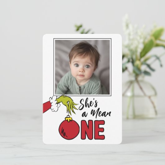 Grinch Ze is een Mean One 1e Verjaardag Bedankkaart (Staand voorkant)