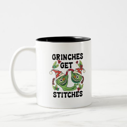 Grinches Get Stitches Kerst Grafisch Kunstontwerp Tweekleurige Koffiemok (Links)