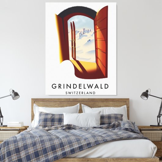 Grindelwald Zwitserland ski poster Canvas Afdruk (Insitu (Slaapkamer))