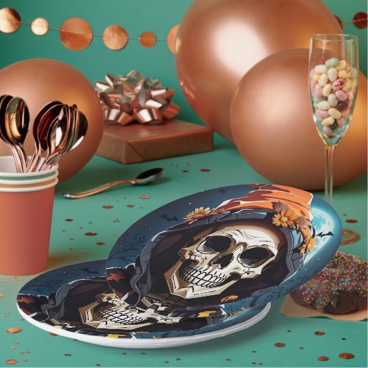 Grinnend geraamte Halloween Papieren Bordje (Multi)