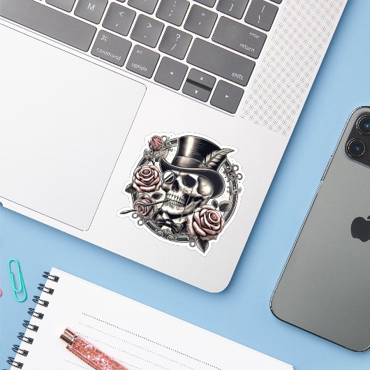 Grinning Skull in Top Hat Sticker (Laptop met iPhone)