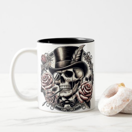 Grinning Skull in Top Hat Tweekleurige Koffiemok (Met donut)