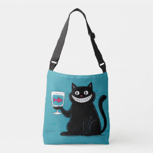 Grinning zwarte kat met vis in een glas crossbody tas