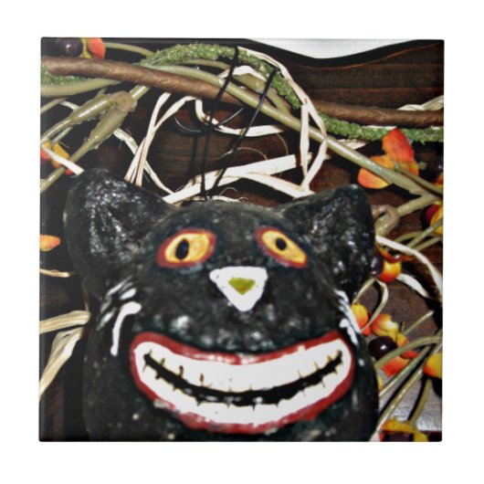 Grinning zwarte kat tegeltje (Voorkant)