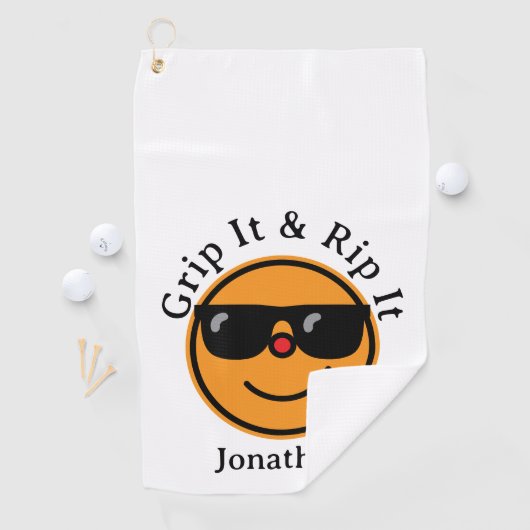 Grip It en Rip It Oranje Happy Face zonnebril Golfhanddoek (Insitu)