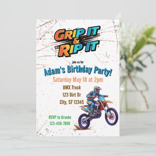 Grip it & Rip It Dirt Bike Birthday Invitation Kaart (Staand voorkant)