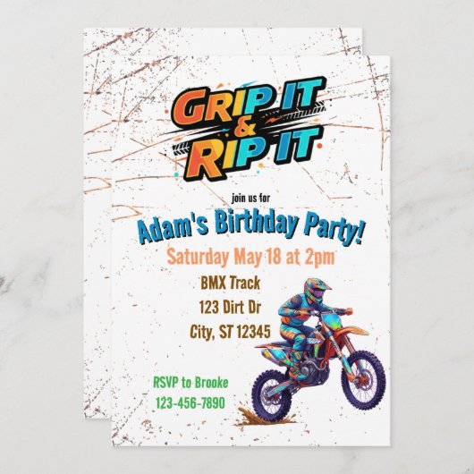 Grip it & Rip It Dirt Bike Birthday Invitation Kaart (Voorkant / Achterkant)