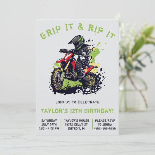 Grip It & Rip It! Motorcross, Dirt Bike Verjaardag Kaart (Staand voorkant)