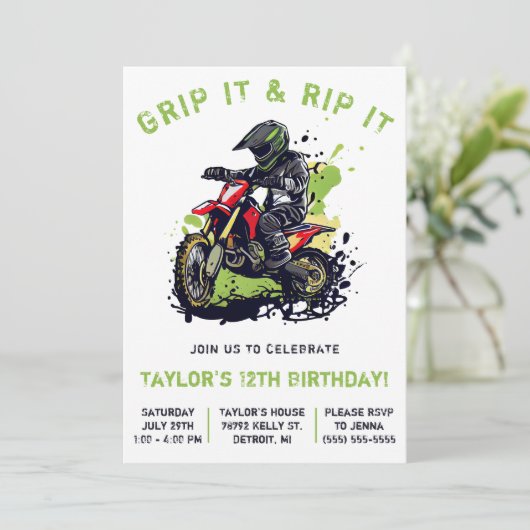Grip It & Rip It! Motorcross, Dirt Bike Verjaardag Kaart (Staand voorkant)