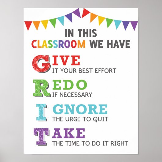 GRIT Acronym Classroom Growth Mindset Poster (Voorkant)