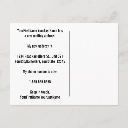 Gritty en versleten uitziende nieuwe-huis ansichtk aankondigingskaart (Achterkant)