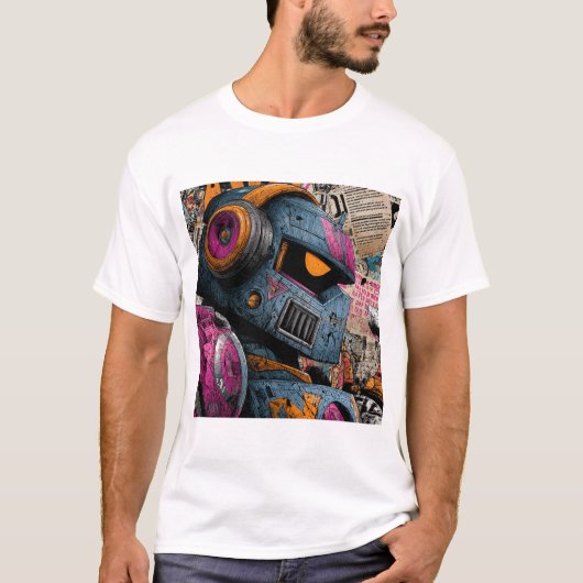 Gritty Graffiti Robot with Headphones — Street Art T-shirt (Voorkant)