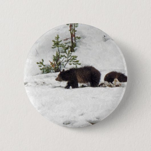 Grizzlies in de sneeuw ronde button 5,7 cm (Voorkant)