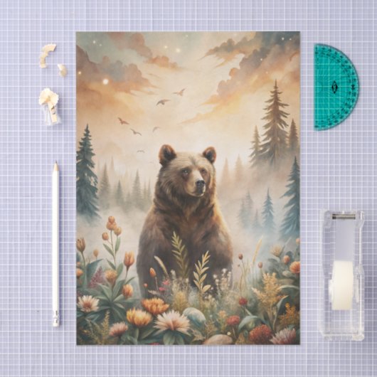 Grizzly Bear in a Forest Meadow with Flowers Tissuepapier (Craft)