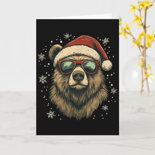 Grizzly Bear Santa Hat Funny Cute Animal Lover Chr Kaart (Gele Bloem)